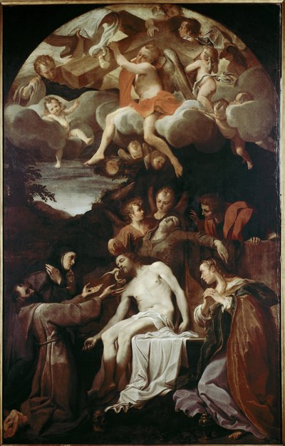 Pieta med St Claire, St Francis, St Mary Magdalena och St John (olja på duk av Annibale Carracci