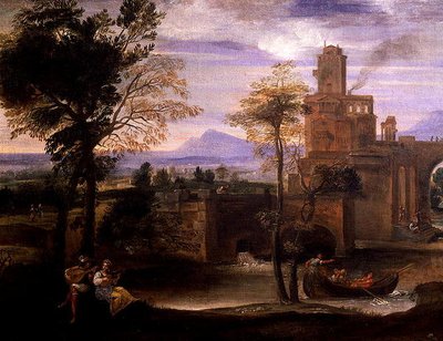 Romerskt landskap med en bro (olja på duk) (detalj av 186429) av Annibale Carracci
