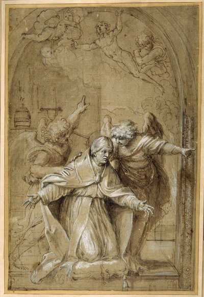 St Gregory besöktes av änglar som ber för själar i skärselden (penna & brunt bläck med brun tvätt och höjning) av Annibale Carracci
