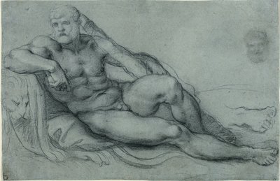Studie av Hercules vilande, med separata studier av hans huvud och fot (recto); Rektangulärt rutmönster (verso) av Annibale Carracci