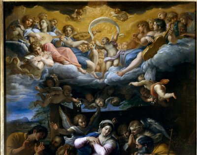 The Adoration of the Shepherds Detalj som representerar en konsert av himmelska änglar som sjunger Guds ära. Målning av Annibale Carracci eller Annibal Carrache (1560-1609). 1597. Orleans, Fine Arts Museum. av Annibale Carracci