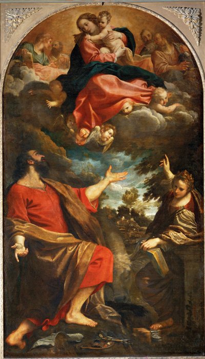 Jungfru Maria uppenbarar sig för Sankt Lukas och Sankta Katarina ... av Annibale Carracci