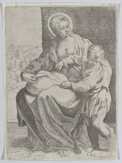 Jungfrun satt med en kudde i knät med den unge Kristus stående till höger..., 1580-1600. av Annibale Carracci