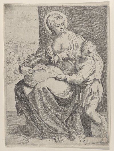 Jungfrun satt med en kudde i knät med den unge Kristus stående till höger..., 1580-1600. av Annibale Carracci