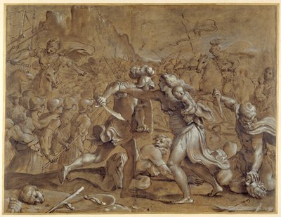 Kampen mellan romarna och sabinerna (penna och bläck med tvätt och gouache på papper) av Annibale Carracci