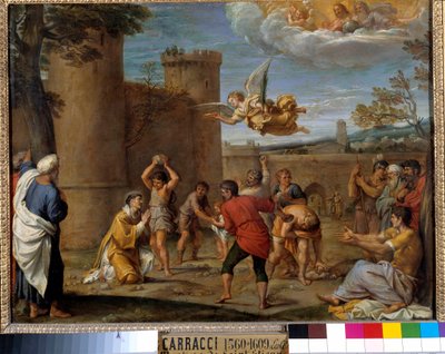Steningen av St. Stephen: St. Stephen (Stephane), var den första kristna martyren som dog genom stening år 36 e.Kr. JC. Målning av Annibale Carracci eller Annibal Carrache (1560-1609). 1500-talet. Dim 0,42 x 0,54 m Paris, av Annibale Carracci