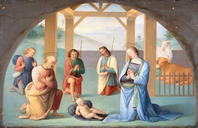 Det nyfödda barnets tillbedjan (efter Perugino), ca 1844-1933 (olja på duk) av Annie Louisa Swynnerton