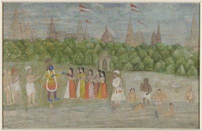 På stranden av Yamuna vid Brindaban dansar Krishna med Gopis av Anonymous