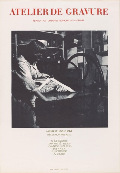 Affisch från tryckeriet Atelier 63 i Paris Atelier de engraving ((...)) Atelier 63 Joelle Serve (titel på objekt) av Anonymous