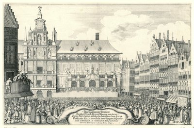 Afkondiging van de Vrede van Munster te Antwerpen, 1648 Publicering av Peace Between Your K.M. av Hispania och de[r] förenade Nederländerna. gjort i Antorff, 5 juni, A.O. 1648 (titel på objekt) Publicatio Pacis, conclusae inter Regem His av Anonymous