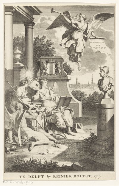 Allegori om Delft Beskrivning av Delft (titel på objekt) Titelsida för: S.n., Beschryving der stadt Delft, 1729 av Anonymous