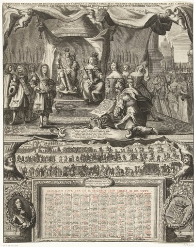 Allegori om freden med England 1674 och almanackan för år 1675 Vereenichde Nederlantsche danckbaerheyt, aen Carolus II. Coninck van Hisp. etc. om deras fredsslutande med Karl II. Coninck av Storbritannien och restaureringen av Anonymous