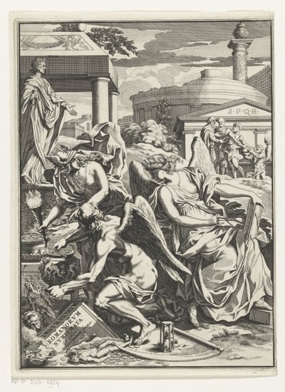 Allegorisk representation med Historia, Fader Tid med en kruka med mynt Titelsida för: Carl Patin, Imperatorum romanorum numismata, s.a. av Anonymous