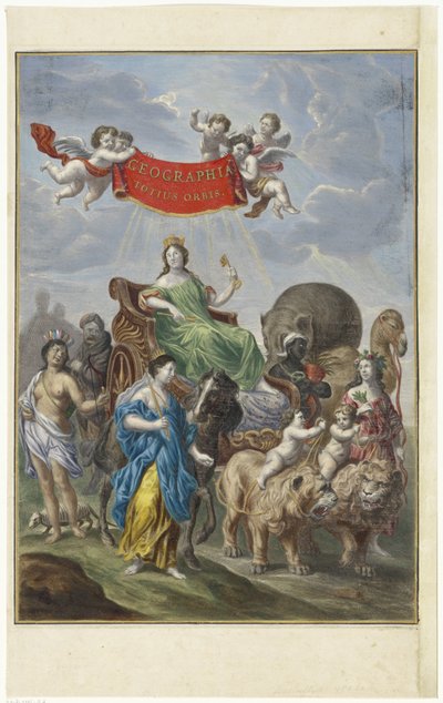 Allegorisk representation av de fyra kontinenterna Geographia totius orbis (titel på objekt) av Anonymous
