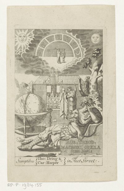 Ambrosius Theodosius Macrobius leunend på stenen bredvid jordklotet Guld Theod. Macrobius Opera Cum Notis (titel på objekt) Titelsida för: Ambrosius Theodosius Macrobius, Aur. Theodosius Macrobius V. Cl. & lysande verk, 1694 av Anonymous
