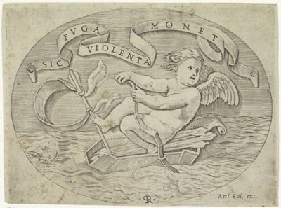 Amor flyr till sjöss Sic ruga violenta monet (titel på objekt) av Anonymous
