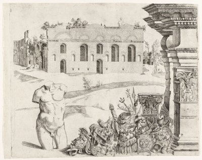 Arkitektonisk capriccio med spolia, en manlig torso och utsikt över Diocletianus bad av Anonymous