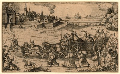 Bedevaart van de verdreven Boheemse en Hongaarse jezuïeten naar het Amsterdamse rasphuis, 1619 Jesuiten som fördrevs från kungadömena Böheimb och Hungern gjorde Wallfarth till Saint Raspino och Pono / till Amsterdam i straffanstalten (titel av Anonymous
