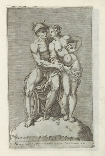 Bildengroep met Mercurius en een godin Staty av Merkurius som omfamnar en kvinna i det farnesiska palatset (titel på föremålet) Antika skulpturer i Rom (serietitel) Ikoner av de antika statyerna av staden Rom som ses på offentliga platser (serietitel) av Anonymous
