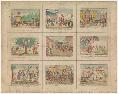 Blad med 9 representationer av historiska händelser under åren 1813-1814 (titel på objekt) av Anonymous