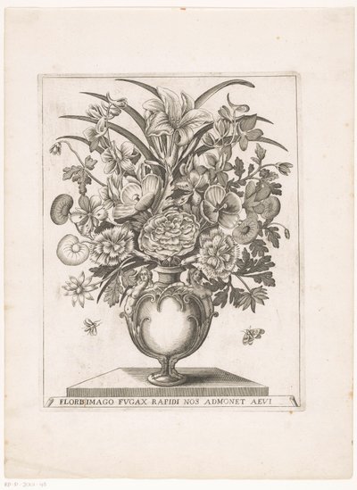 Bloemen in vaas met halffiguren BILDEN AV BLOMMA(R) SOM BLINKAR SNABBT PÅMINNER OSS OM ÅLDERN (titel på objekt) av Anonymous