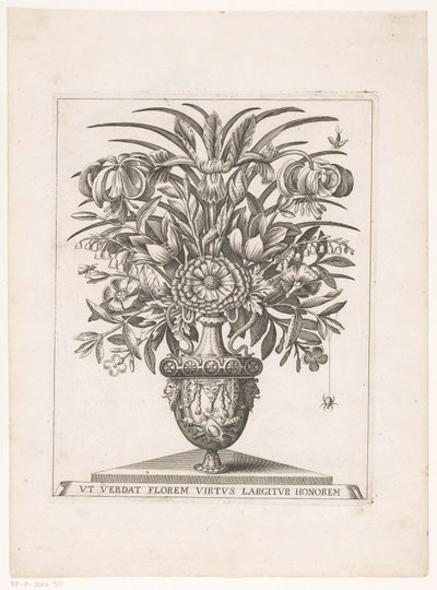 Bloemen in vaas mötte leeuwenkoppen (titel på objekt) av Anonymous