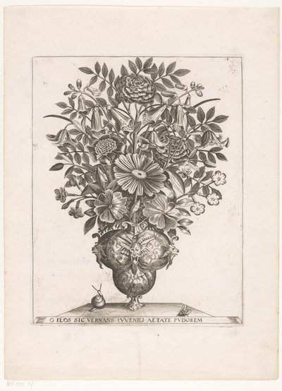 Bloemen in vaas träffade maskerare O BLOMMA SOM SJÄDER UNGDOM I SKAMENS ÅLDER (titel på objekt) av Anonymous