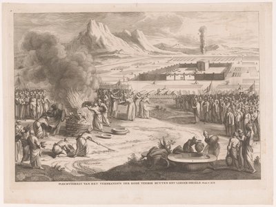 Brännoffer av israeliterna Solemnity of the Burning of the Red Feathers Buyten the Emptyer Israels (titel på objektet) av Anonymous