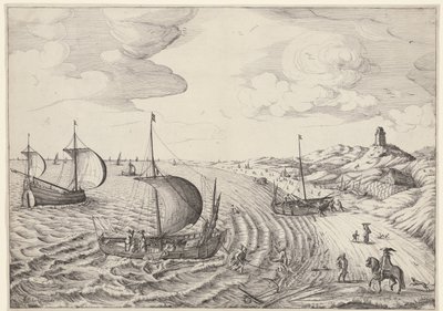 Kustlandskap med fiskebåtar av Anonymous