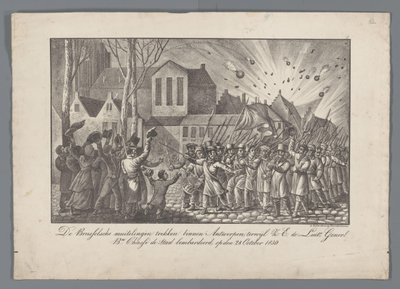 Brysselmyteristerna går in i Antwerpen, medan Z.E. generallöjtnanten. Bn. Chassé bombarderade staden den 28 oktober 1830 (titel på objekt) av Anonymous