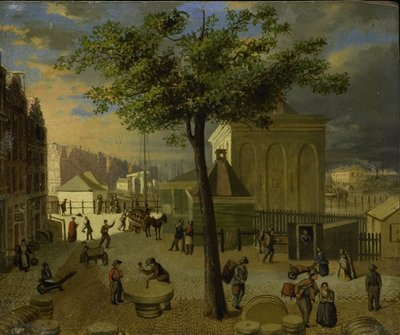 Slijpsteenmarkt med byggnaden "Het Zeerecht" i Amsterdam av Anonymous