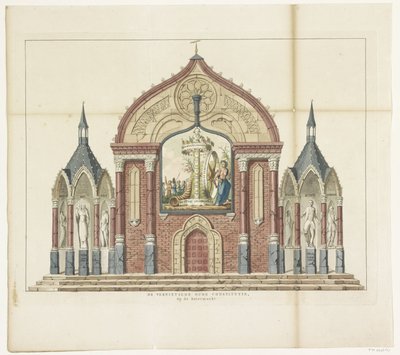 The Destruction of the Old Constitution, dekoration på smörmarknaden, 1795 Den förstörda gamla konstitutionen, på smörmarknaden Femton dekorationer vid Alliantiefeest i Amsterdam 1795 (serietitel) av Anonymous