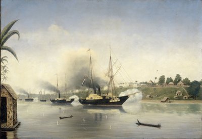 Beskjutningen av Sultanen av Djambis Kraton av regeringens örlogsfartyg "Celebes", "Admiraal van Kinsbergen" och "Onrust" den 8 september 1858 av Anonymous