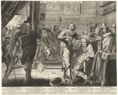 Bonden i den stora frisörsalongen, ca 1650 De Groote Scheerders Winckel (titel på objekt) av Anonymous