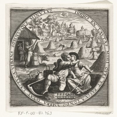 Månaden juni, hooimaken, ca. 1600 De tolv månaderna av året bild i scener från folklivet (serietitel) Schema för de 12 månaderna med deras operationer och deras tillämpning på zodiakens tecken, uppdelade i fyra delar av året (serietitel på objekt) av Anonymous