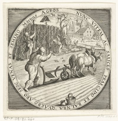 Månaden mars, ploegen, ca. 1600 De tolv månaderna av året bild i scener från folklivet (serietitel) Schema för 12 månaderna med deras verksamhet och deras tillämpning på zodiakens tecken, uppdelade i fyra delar av året (serietitel på objekt) av Anonymous
