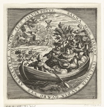 Maj månad, sällskap som gör musik i båt, ca 1600 Årets tolv månader avbildade i scener ur folklivet (serietitel) Schemata XII Mensium sius operationibus, & ad signa zodiaci applicatione, in quatuor anni partes divisa (serien av Anonymous