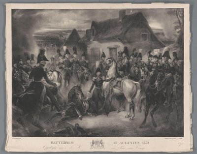 Ersättningen av den skadade hästen av prinsen av Orange (senare kung Willem II), under slaget vid Boutersem, 12 augusti 1831 Bautersem 12 augusti 1831 (titel på objekt) av Anonymous