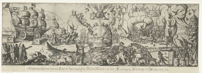 Världen delas i den fredliga republiken å ena sidan och kaos och våld utövat av Romskyrkan å andra sidan Maktlös Donder van den Helschen-hund mot den nakna sanningen och Eendragtig-förbundet, 1617 (titel på objekt) av Anonymous