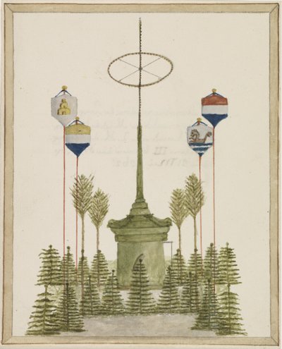 Dekoration runt Pompen på Grote Markt i Middelburg, vid ankomsten av Hans Majestät Kung Willem III till den staden, den 21 maj 1862 (titel på objektet) av Anonymous