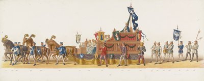 Delft procession 1873 (åttonde plattan) Klädd procession som hölls av medlemmarna i Delfts studentkår den 8 juli 1873, föreställande Karel van Egmond, hertig av Gelre, greve av Zutphen, in i Arnhem 1492 (serie av Anonymous