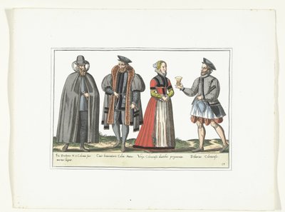 Tre män och en kvinna klädda i tyskt mode, ca 1580 Kostymer Allemands (titel på objekt) av Anonymous