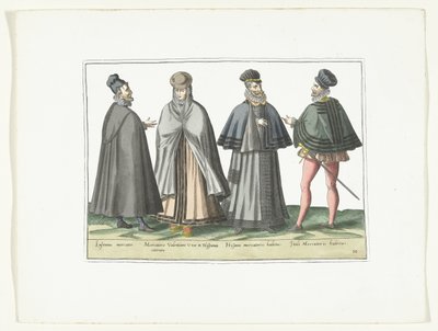 Tre män och en kvinna klädda efter utländskt mode, ca 1580 Modes étrangeres (titel på objekt) av Anonymous