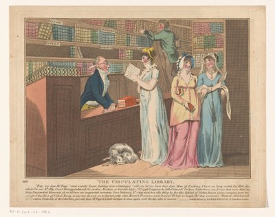 Tre kvinnor i ett lånebibliotek Det cirkulerande biblioteket (titel på objekt) av Anonymous