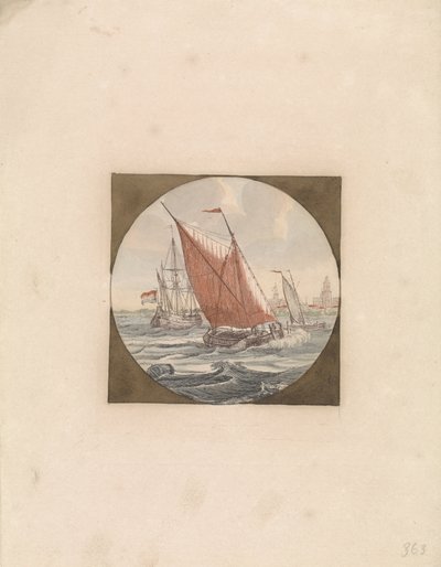 Tre segelfartyg till havs och en stad vid kusten Ships at Sea (serie B) (serietitel) av Anonymous