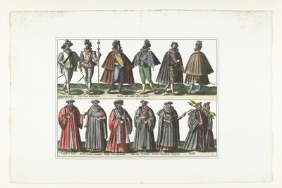 Dubbeltallrik med tolv män klädda enligt franskt mode, ca 1580 Kostymer Français (titel på objekt) av Anonymous