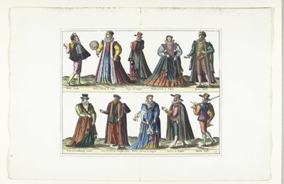 Dubbeltallrik med fem män och fem kvinnor klädda i engelskt mode, ca 1580 Kostymer Anglais (titel på objekt) av Anonymous