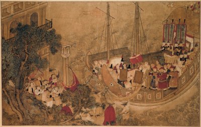 Ett kinesiskt skepp lägger till vid en europeisk byggnad The Wonders of Mazu (serietitel) av Anonymous