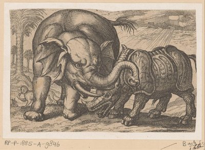 En noshörning slåss mot en elefant Fighting Animals (kopior) (serietitel) av Anonymous