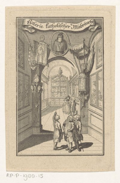 Figurer i galleri mötte porträtt i liturgiska föremål Gallery of Catholic Abuses (titel på objekt) Försättsblad för: Joseph Richter, Picture Gallery of Catholic Abuses, 1784 av Anonymous